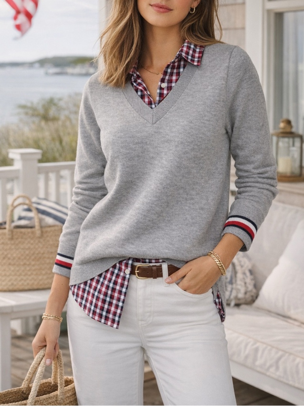 Tommy Hilfiger Layered Sweater Shirt Preppy Americana Nautical Red White Blue S